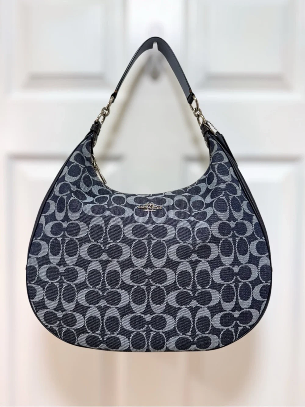 Coach Harley Signature Denim Jacquard Navy Leather Large Hobo